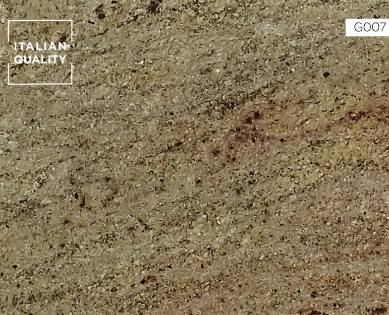 Astoria Gold Granit ist eine Art goldbeiger Granit, der in Indien abgebaut wird. Diese absolut charakteristische Granit Struktur aus helleren und dunkleren Mineralen, die vereinzelt von Kristallen durchzogen sind, ist ein Meisterwerk der Natur.