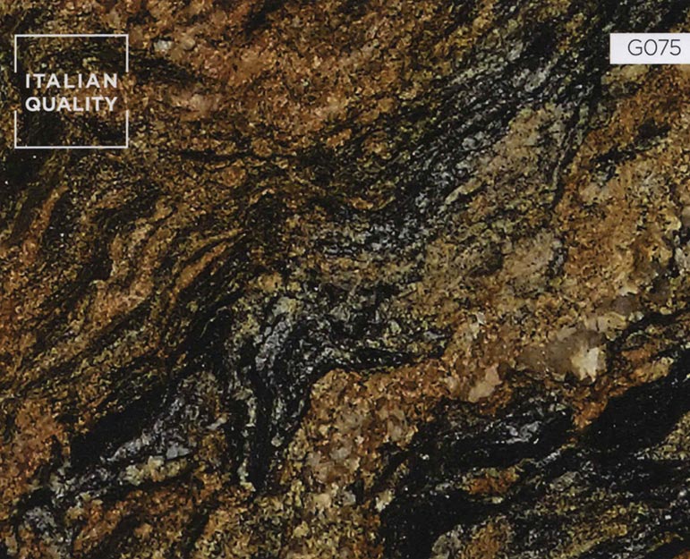 Magma Gold Granit ist fein- bis mittelkörnig mit viel Bewegung. Der Hintergrund ist tiefgelb und kann beträchtliche braune und schwarze Äderungen aufweisen. Der schwarz und goldgelb-braune, sehr exotische Granit wird in Brasilien abgebaut.