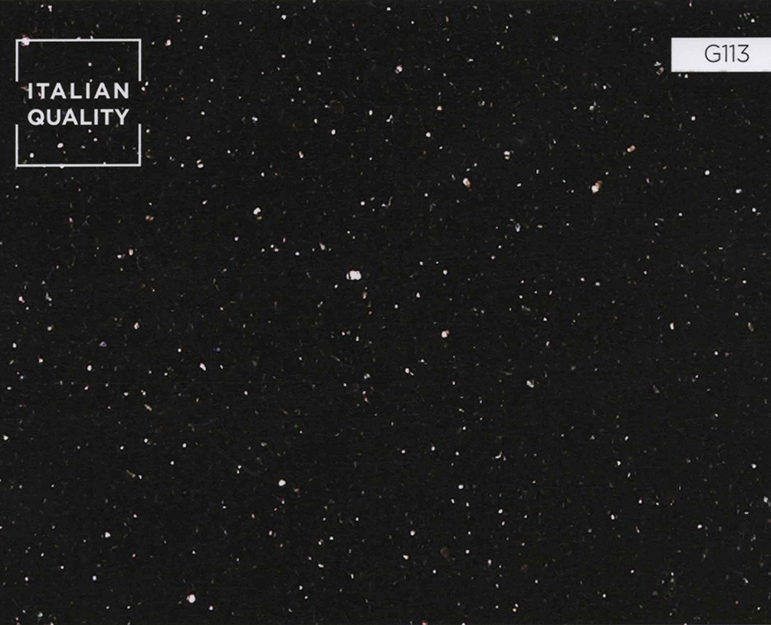 G113_Star-Galaxy-Black_Granite Der Star Galaxy Black Granit ist ein feinkörniger indischer Granit von einheitlich schwarzer Farbe mit golden schimmernden Sprenkeln.