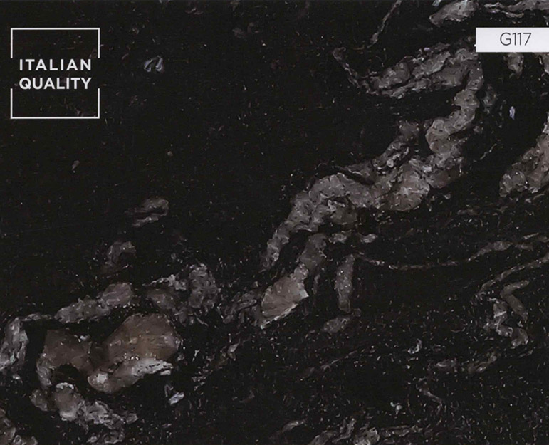 G117_Titanium_Granite Der in Brasilien abgebaute Titanium Granit ist ein tief-schwarzer Granit mit weißen und goldenen Quarzeinlagen, die dem Material einen besonderen Glanz und Eleganz verleihen. Seine einzigartigen Einschlüsse machen Ihn zu einem Blickfang und einen hervorragenden Akzentstein in Kombination mit beispielsweise hellen Hölzern wie Ahorn oder Erle.