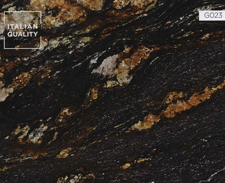 G023_Black-Fusion_Granite Der Black Fusion Granit hat ein vielseitiges Muster und eine schöne Farbgebung. Granit entstehen durch die langsame Kristallisation von Magma unter der Erdoberfläche. Er besteht hauptsächlich aus natürlichem Quarz und Feldspat mit dezenten Anteilen an organischen Mineralien, Glimmer und Amphibolen.