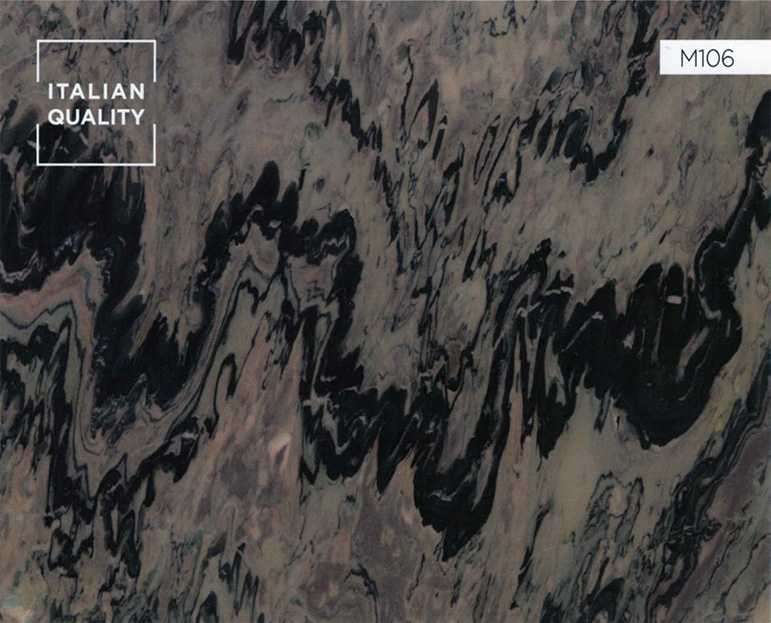 M106_Mercury-Brown_Marble Der Mercury Brown Marmor ist ein dunkelbrauner Marmor mit besonders aktivem Muster, der zusätzlich mit Adern durchzogen ist. Ihre Dicke und Farbe können stark variieren.