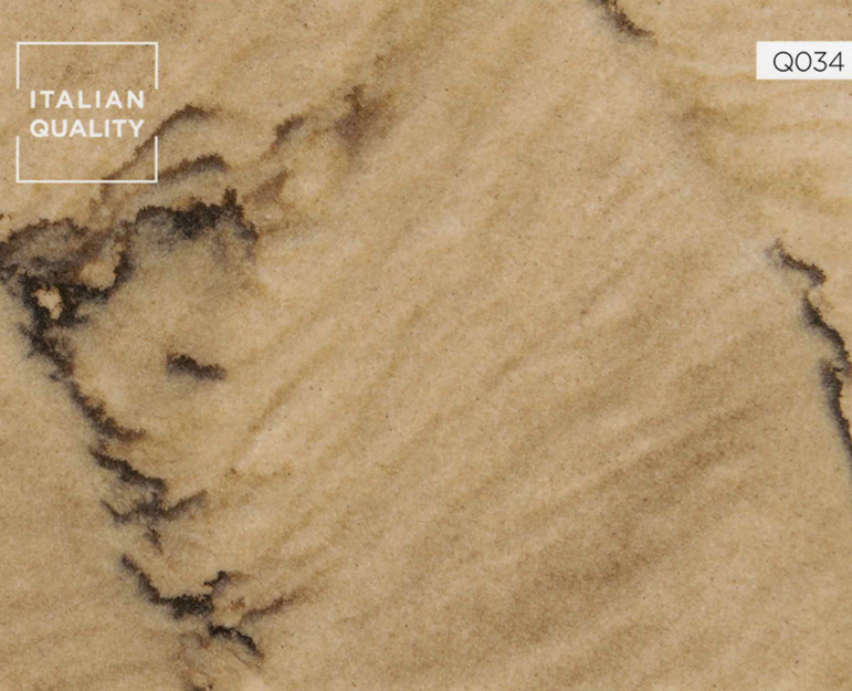 Double Brown Quarzit hat die helle Färbung und die weichen Muster von Marmor. Der Hintergrund ist grau-taupefarben mit dunkleren braunen Äderungen, die für Bewegung sorgen.