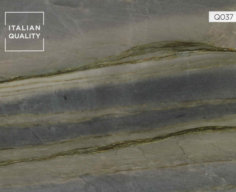 Q037_Quartzite-Michealangelo_Quartzite Der Quarzit Michealangelo Quarzit bildet bilden längliche, graublaue Rauten, in denen sich lange Formen mit helleren Tönen abwechseln, auf einem Bindegewebe aus Adern und Linien, die jetzt dunkel oder rötlich sind und an die Tiefe der Erde erinnern, aus der der Stein stammt